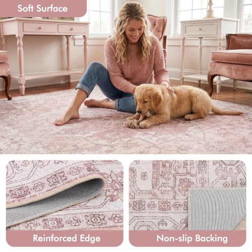 Fixwal 8x10 Pink Washable Area Rug Non-Slip for Bedroom & Living Room