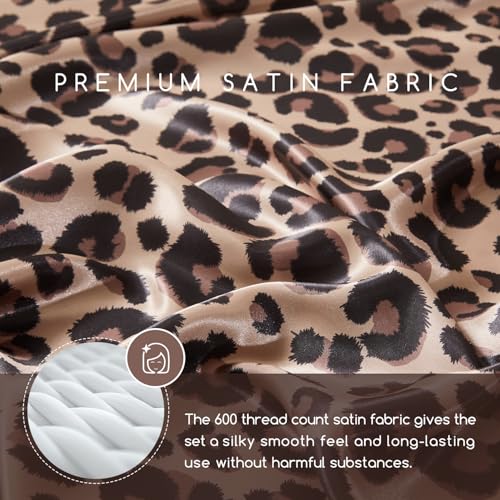 MR&HM Satin Bed Sheets Queen Size with Elastic Corner Straps - Brown Leopard