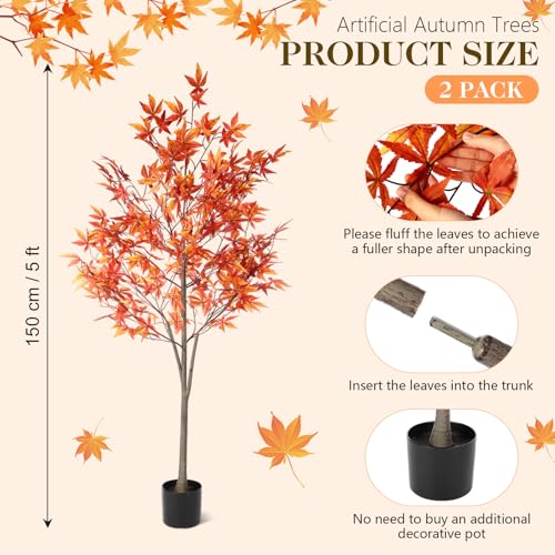 Daifunli 2 Pack 5ft Artificial Maple Trees for Fall Decor with Autumn Leaves