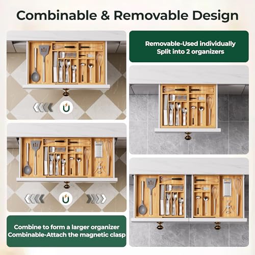 Large Silverware Organizer with 13 Slots - Natural Bamboo Expandable Drawer Divider, Adjustable from 21 to 37.4 Inches – Natural Finish