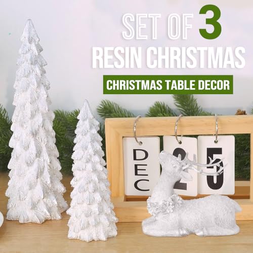 BINSUNS 3-Pack Christmas Tree & Reindeer Figurines Set in Silver - Resin Tabletop Decor