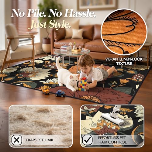 Boho Floral Area Rug 5x7 with Non-Slip Backing - Washable, Mid-Century Modern Style - Warm Ember