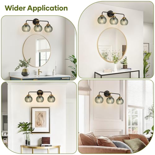 MOKATNG Green Leaf Textured Glass Bathroom Vanity Light - 3-Light Wall Fixture, Modern Matte Black & Gold Finish