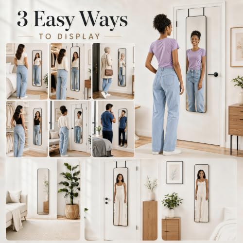47x14 Inch Full Length Mirror Over the Door Wall Mounted Rope Hang Black Variation
