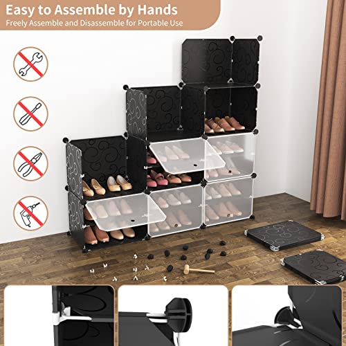 Portable 8-Tier Shoe Cabinet - Black, 48 Pairs Capacity, Space Saving Shoe Organizer with Hooks