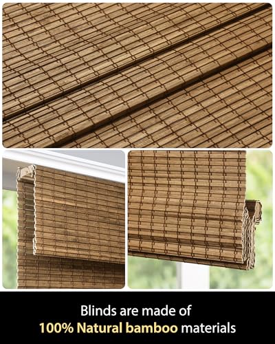 UNISHADES Room Darkening Bamboo Roman Shades with Valance - Highfield Teak, 34.5" W x 64" H (Variation: Room Darkening)