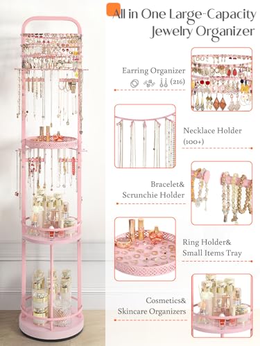 Pink Rotating Jewelry Organizer Stand with Earring, Necklace & Bracelet Storage