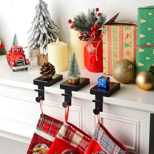 Christmas Stocking Holder, 3D Silver Metal Stocking Holder with Stocking Hangers for Mantle Fireplace Table Christmas Decoration (Black Stocking Holder(Round Hook))