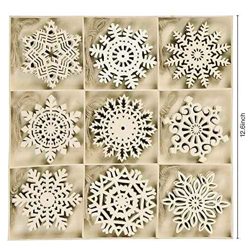 Sggvecsy Unfinished Wooden Snowflakes Ornaments, 36Pcs Christmas Tree Hanging Decoration Wood Cutouts DIY Craft Snowflake Shaped Embellishments Xmas Rustic Crafts with Twine (4 inch)