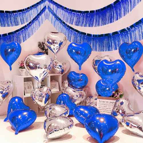 Blue Foil Fringe Garland 10FT 2packs, Metallic Foil Tinsel Fringe Banners for Parade Float Decorations Wedding, Birthday Party Graduation (Two Blue)