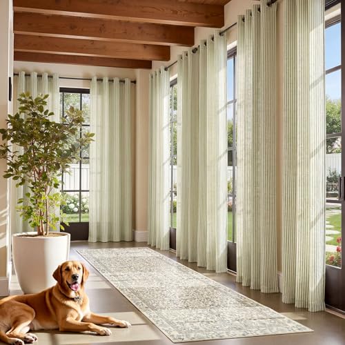 Jinchan Linen Curtains 50W x 84L Sage Green Stripe Grommet Panel Set - Farmhouse Style