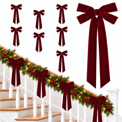 Cikshr 8 Pack Burgundy Velvet Christmas Bows - 5x10 Inch Holiday Decoration