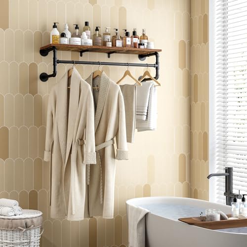 Wall Mounted Clothes Rack with 43.3in Shelf and Hanging Rod - Industrial Pipe Design, Space-Saving Garment Organizer, Black Finish, 110cm Variation