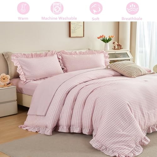 Pink Gingham Full Bedding Set for Girls - 5 Pieces Ruffled Bed Comforter & Sheets
