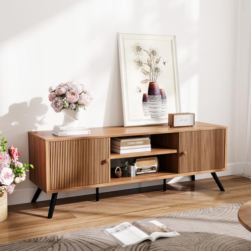 GTPLAYER Cocoa 53in TV Stand - Mid Century Modern Entertainment Center for 55/60/65 Inch TVs with Fluted Doors