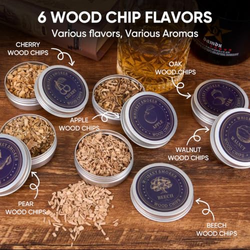 Whiskey Smoker Kit with Torch, Wooden Gift Box, 6 Wood Chips, Glasses & Molds - Natural