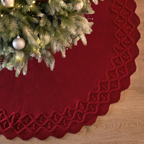 TOCHGREEN Red Knitted Christmas Tree Skirt 48 Inch Rustic Holiday Decor