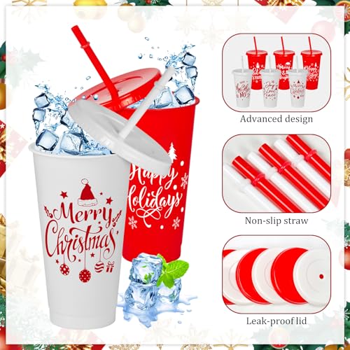 Cinrobiye Red 24 oz Christmas Plastic Cups with Lids & Straws - Holiday Party Supplies