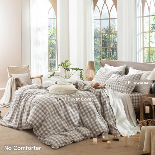 Gingham Duvet Cover Set - Buffalo Plaid Tannish Linen Grey King Variation