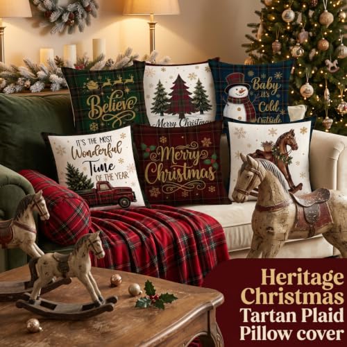FuWeave 6 Pcs Christmas Pillow Covers 18x18 in Rustic Tartan Plaid Set with 6 Vintage Designs - includes Tree, Snowman, Truck
