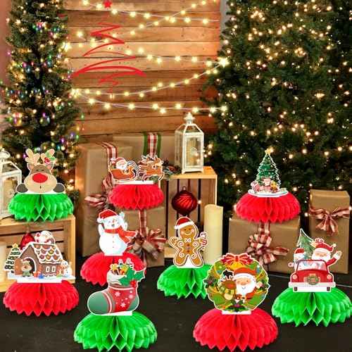 9 Pcs Christmas Honeycomb Centerpieces, Red and Green Honeycomb Centerpieces Santa Claus Snowman Elk Table Center Decorations for Merry Christmas Party Decorations Indoor Outdor