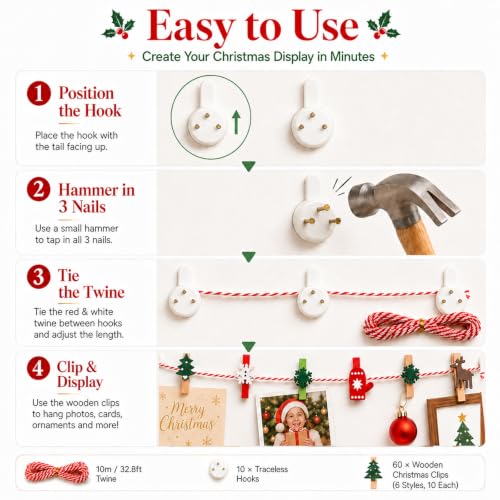Christmas Photo Frame Set with 30 Wooden Clips, Twine & Hooks – 4x6 Frames (Variation: Christmas) by Zplontya