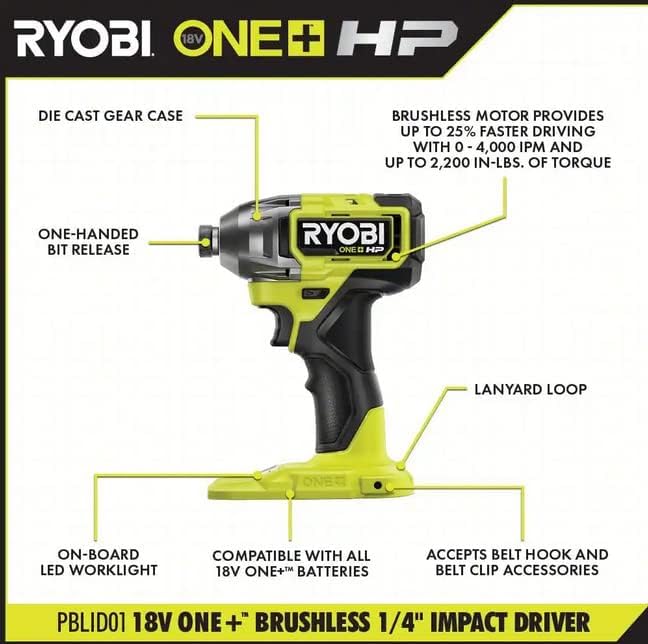 RYOBI 18V Brushless Cordless Impact Driver 1/4 Inch Tool Only