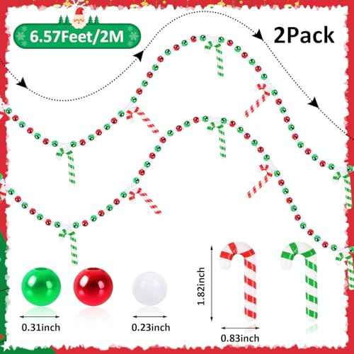 Jansun 13.14 Ft Christmas Tree Bead Garlands, Acrylic Cane Candy Christmas Beaded Garland Decoration for Christmas Tree Fireplace Wreath Ornaments Home Holiday Party Supplies£¨2 Pcs 6.57 ft£©