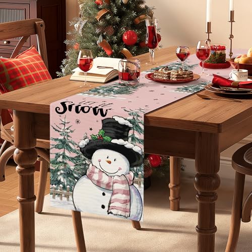 Pink Xmas Snowman Table Runner 13x120 Inch Holiday Home Decor