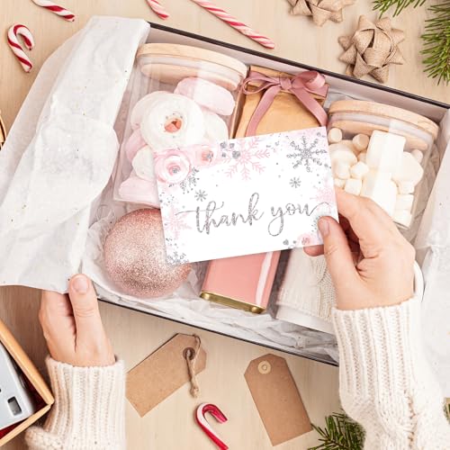 Whaline Pink Glitter Snowflake Thank You Cards 24 Pack with Envelopes & Stickers