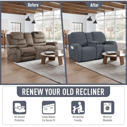 Grey 2 Seat Recliner Loveseat Cover with Middle Console - Stretch Fit