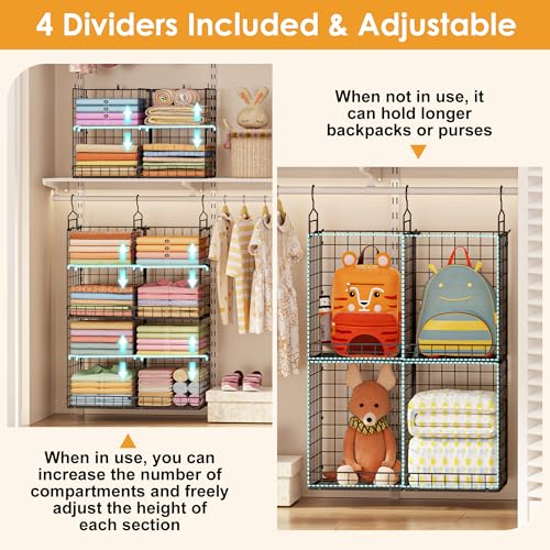 Heavy Duty Metal Closet Organizer with Adjustable Dividers & Hooks - Split into 2 Units