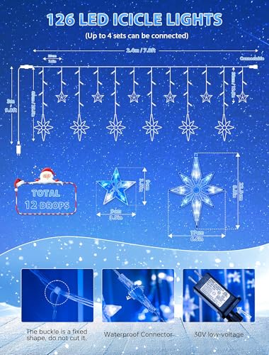 BEEWIN Blue White 126 LED Star Icicle Outdoor String Lights with Bethlehem & Small Stars