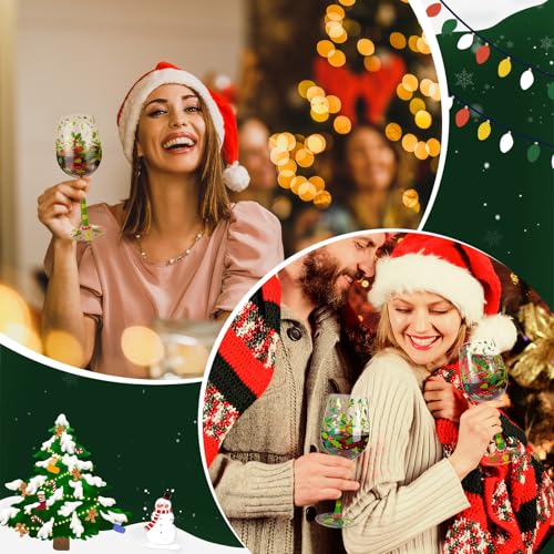 SiliFine 4 Pcs Christmas Holly Berry Stemmed Wine Glasses Set with Holiday Design
