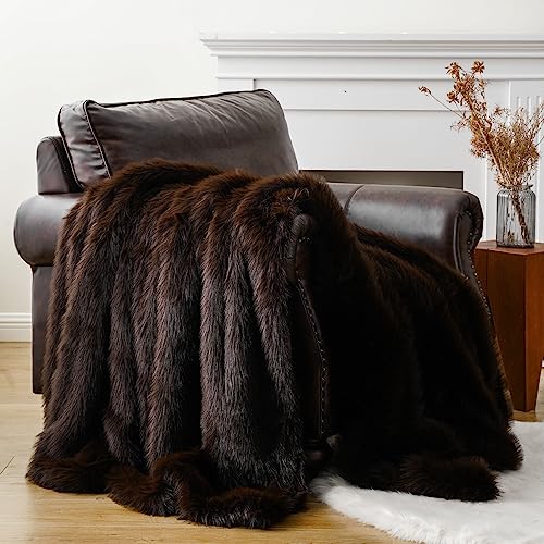 BATTILO HOME Faux Fur Throw Blanket, Luxury Fluffy Brown Blankets,