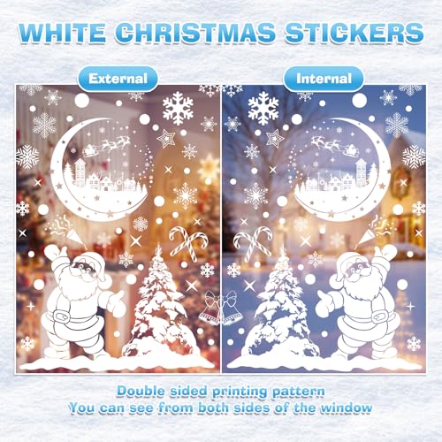 Snowflakes Christmas Window Clings 260PCS White Xmas Window Sticker Santa Claus Reindeer Xmas Decals for Holiday Decorations Party Supplies Glass Window