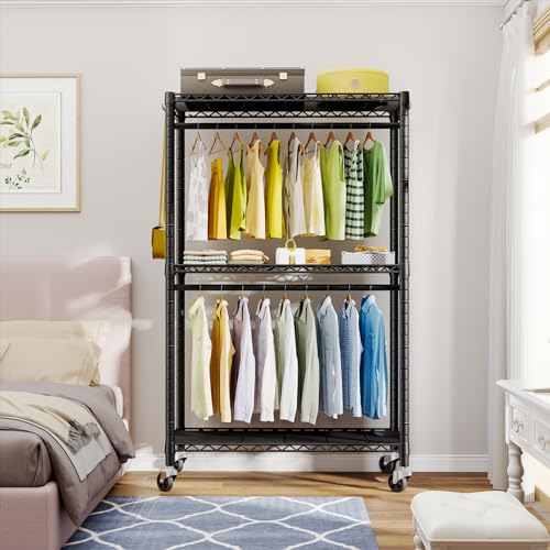FUTASSI P3 Black Rolling Clothes Rack with Adjustable Shelves & Heavy Duty Capacity