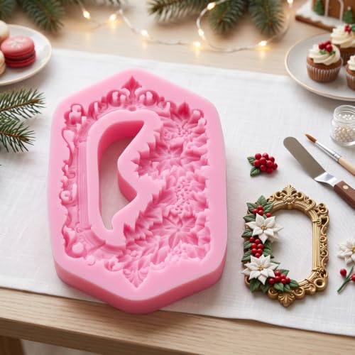 YIHUOMOLDS Christmas Vintage Frame Poinsettia Fondant Silicone Mold - Style P