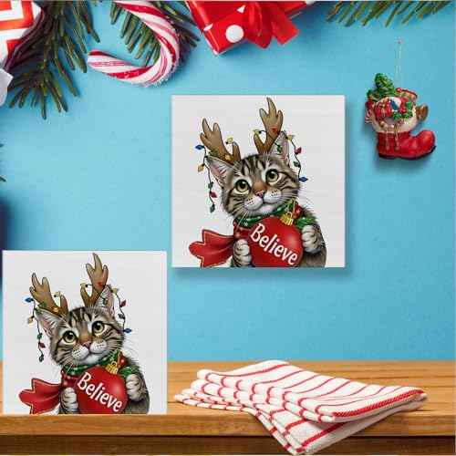 Cat Christmas Wood Box Sign Decor Xmas Cat Block Sign Christmas Holiday Home Table Desk Shelf Decoration