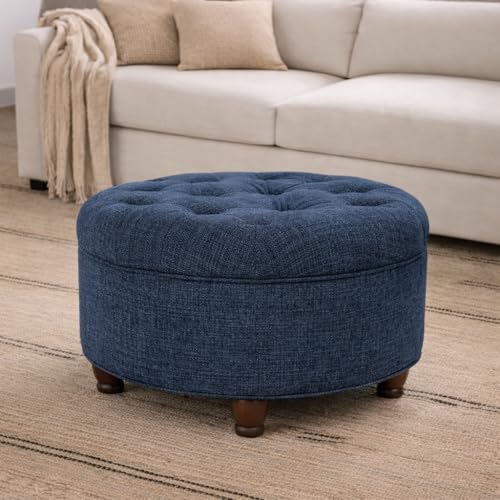 Navy Woven Large Button Tufted Round Storage Ottoman - 25 Inch