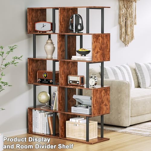Furologee Rustic Brown 6-Tier S-Shaped Geometric Bookcase - Modern Storage Shelf