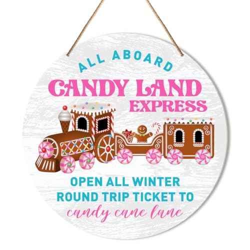 Muktoujaumai Christmas Sign Decor, Christmas Bakery Round Hanging Sign Decor Gingerbread Xmas Holiday Wall Decorations Winter Wood Sign for Kitchen, Door, Home, Candy Land Express
