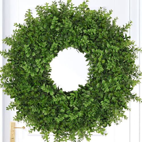 JDKPK 26 Inch Green Boxwoods Wreath for Front Door - Artificial Outdoor & Indoor Greenery, Farmhouse Decor