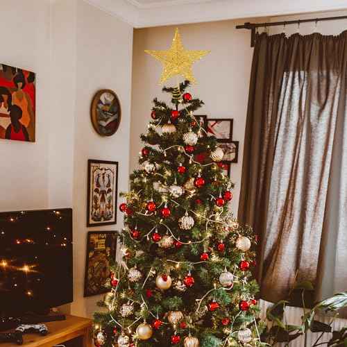 Glittered Christmas Tree Topper, 8 Inch Gold Glitter Christmas Tree Ornaments Metal Hollow Star for Christmas Tree Home Decoration for Home Xmas Holiday Party