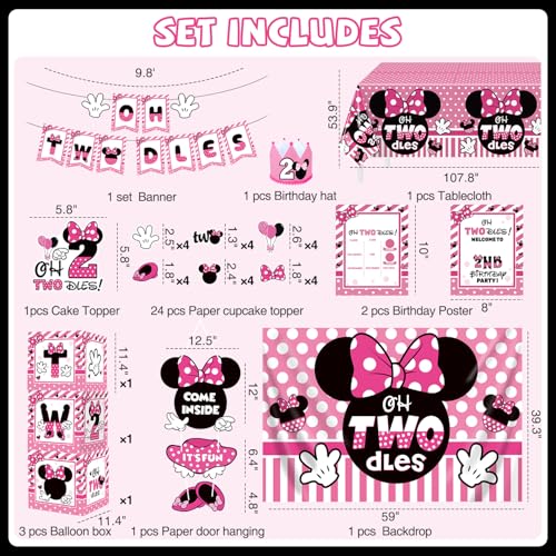 Oh Twodles 2nd Birthday Party Supplies Kit for Girls - 150 Pieces
