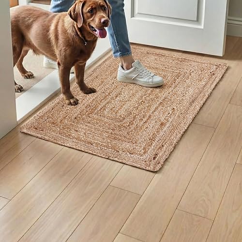 Hausattire 2'x3' Natural Jute Braided Kitchen Rug - Handmade Durable Reversible Mat