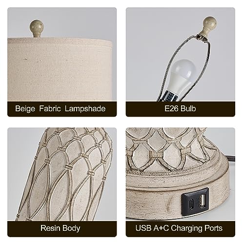Off White Farmhouse Bedside Table Lamps Set of 2 with USB Ports, 28 Inch Dimmable Nightstand Lamps for Bedroom & Living Room