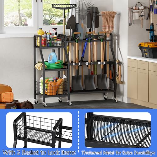 Heavy-Duty Garden Tool Organizer with 6 Wheels & 2 Baskets