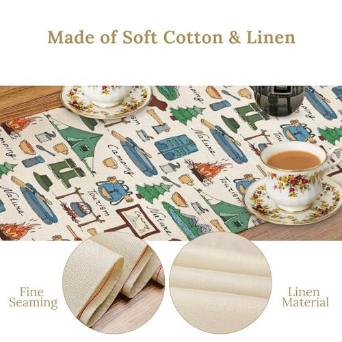KANEPE Camping Blue Forest Animal Bear Pattern Linen Table Runner 13x36in for Indoor Outdoor Dining