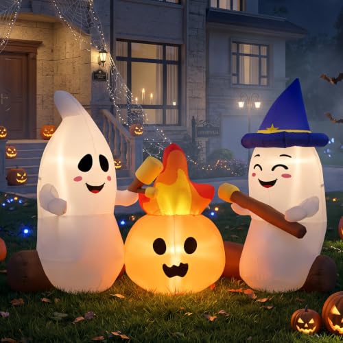 6FT Halloween Inflatable Ghosts Yard Decorations with LED Lights and Stakes - Outdoor Spooky Decor